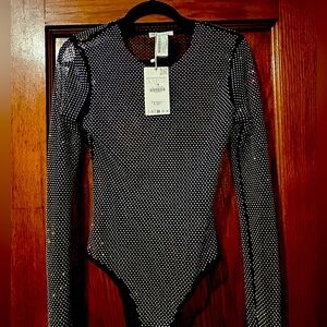 Women's Black Long-Sleeve Rhinestone Bodysuit